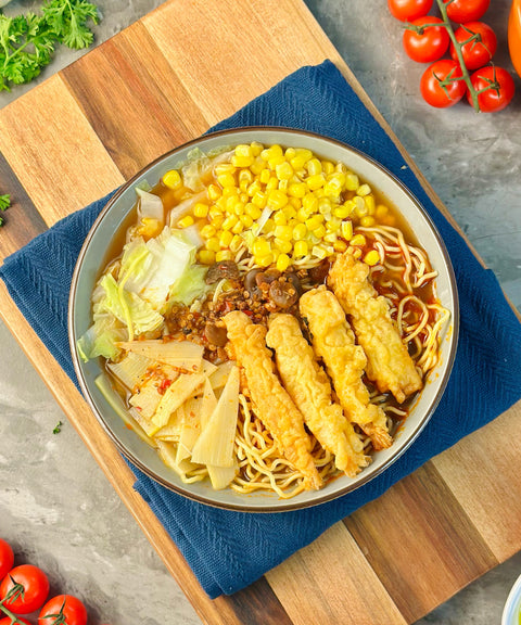 Hot & Sour Ramen Noodle Soup with Prawn Tempura